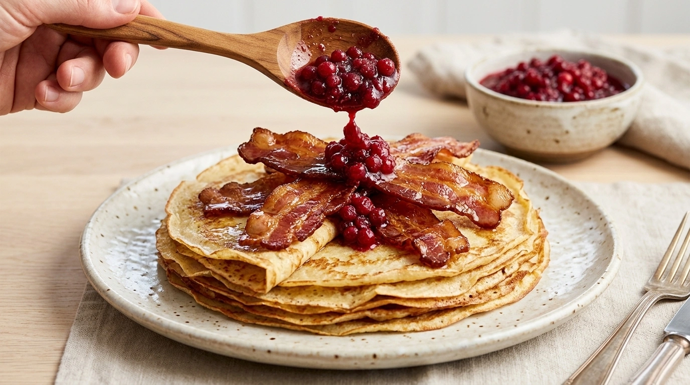Plättar med stekt bacon och lingon – Husmanskost när den är som bäst - traditionellt Svensk Middag recept, perfekt till vardagsmiddag